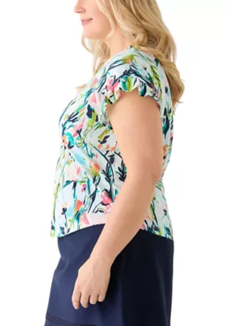 Plus Short Sleeve Ruffle Printed T-Shirt