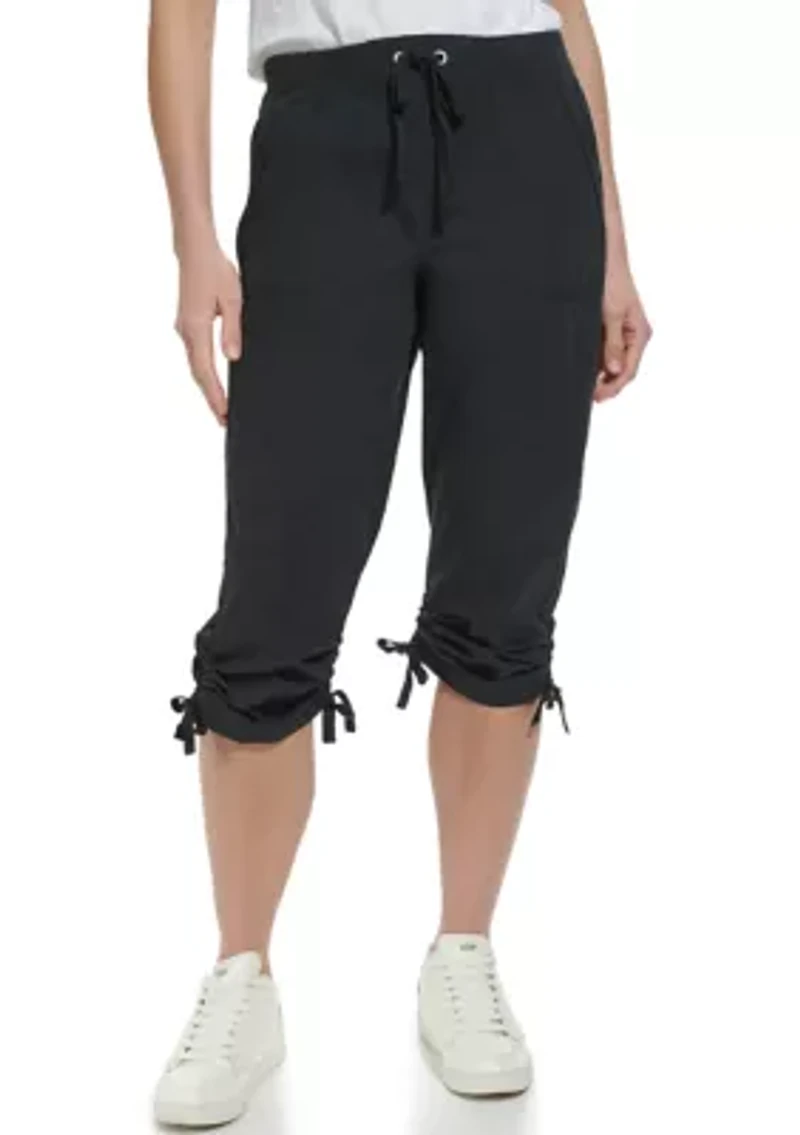 High Rise Shirred Detail Capri Length Convertible Cargo Pants