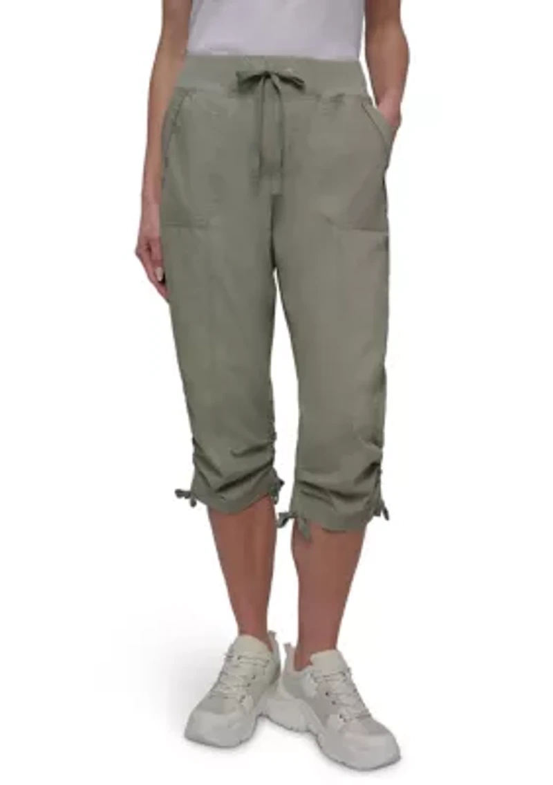 High Rise Shirred Detail Capri Length Convertible Cargo Pants