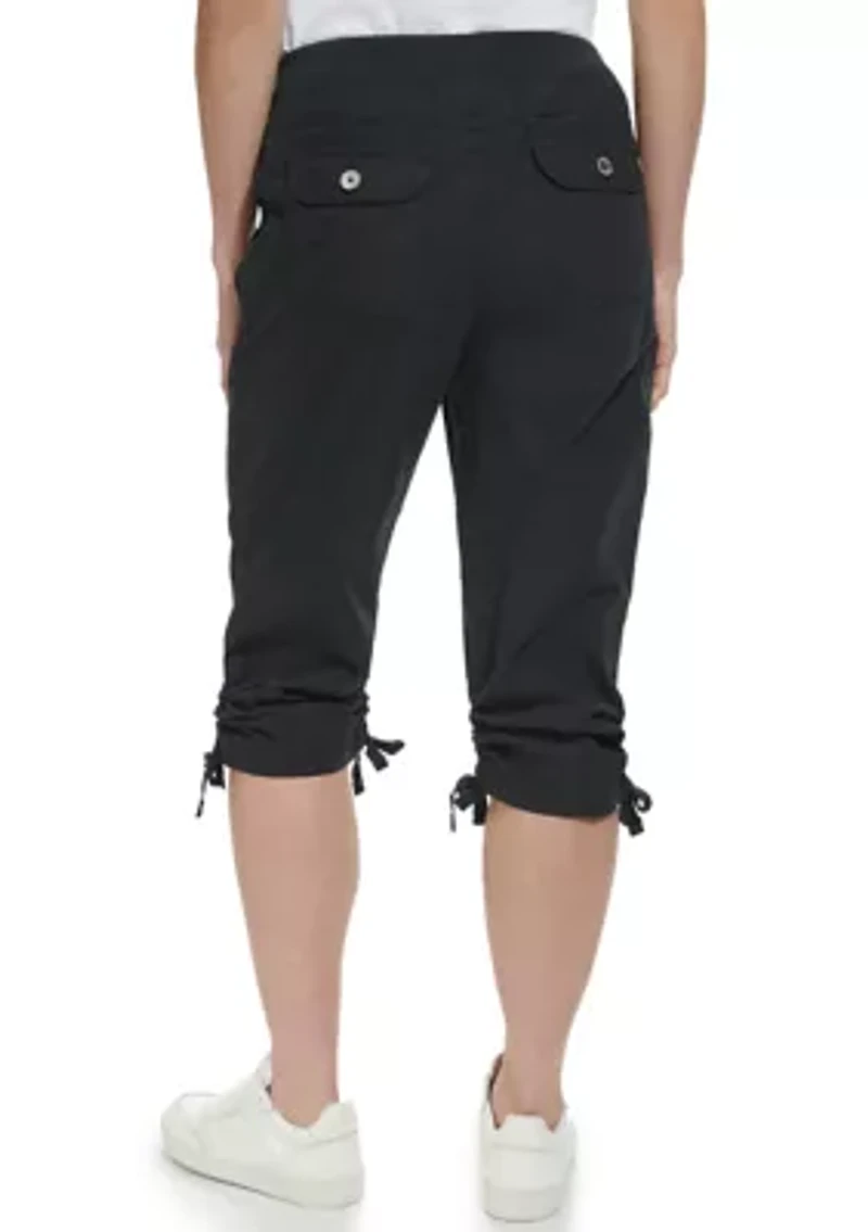 High Rise Shirred Detail Capri Length Convertible Cargo Pants