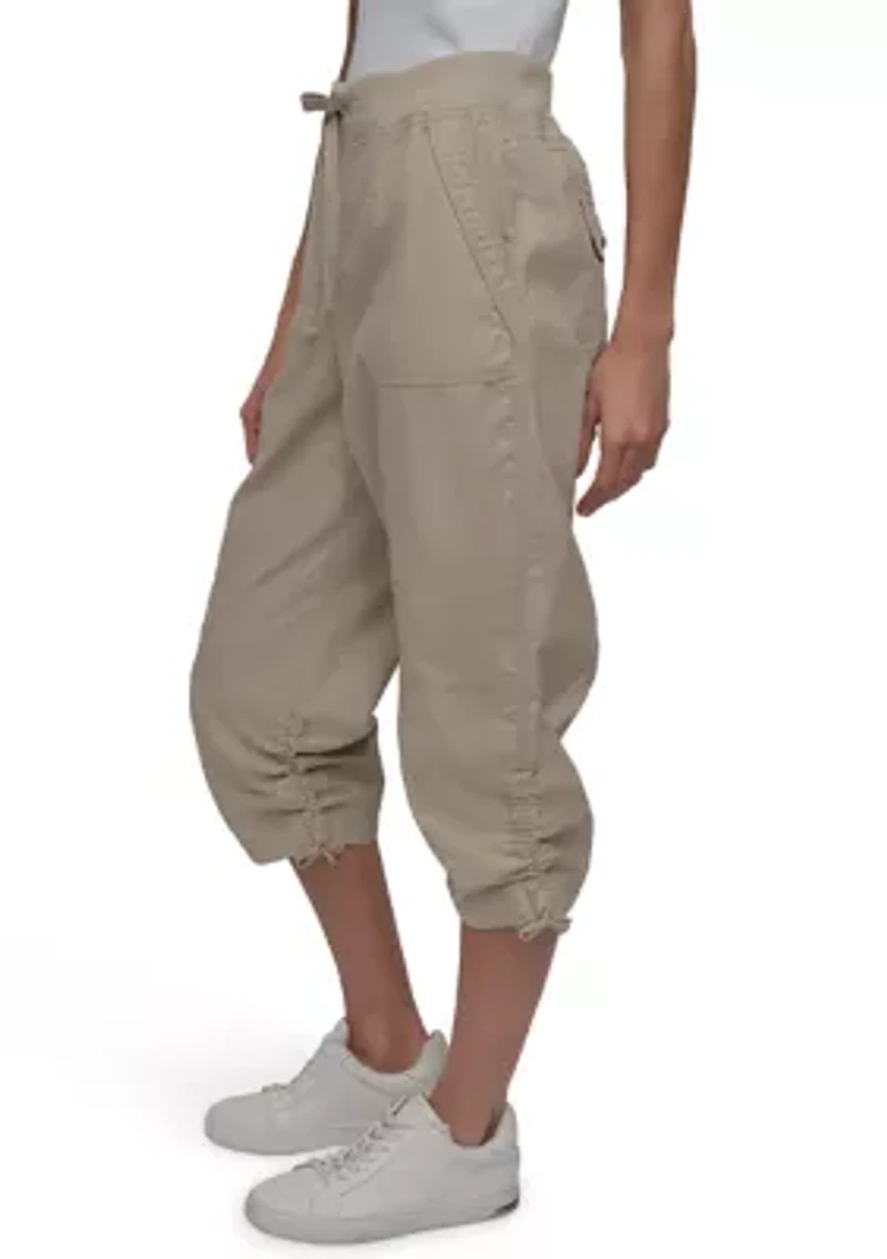 High Rise Shirred Detail Capri Length Convertible Cargo Pants