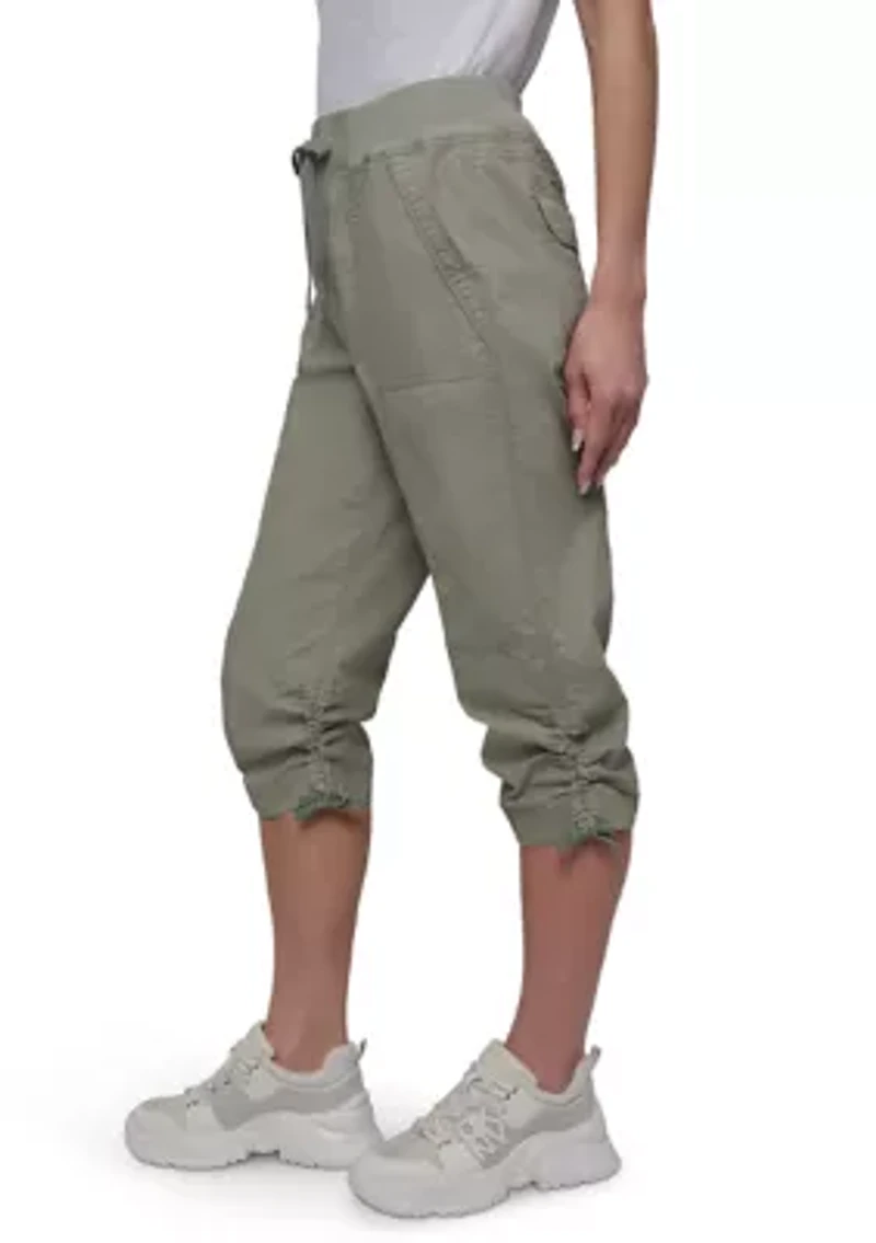 High Rise Shirred Detail Capri Length Convertible Cargo Pants