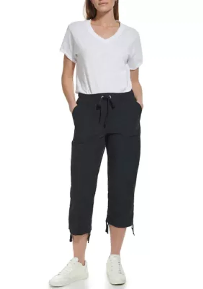 High Rise Shirred Detail Capri Length Convertible Cargo Pants