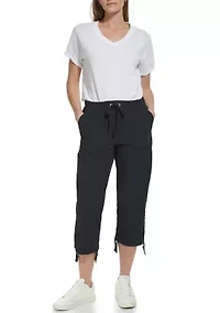 High Rise Shirred Detail Capri Length Convertible Cargo Pants