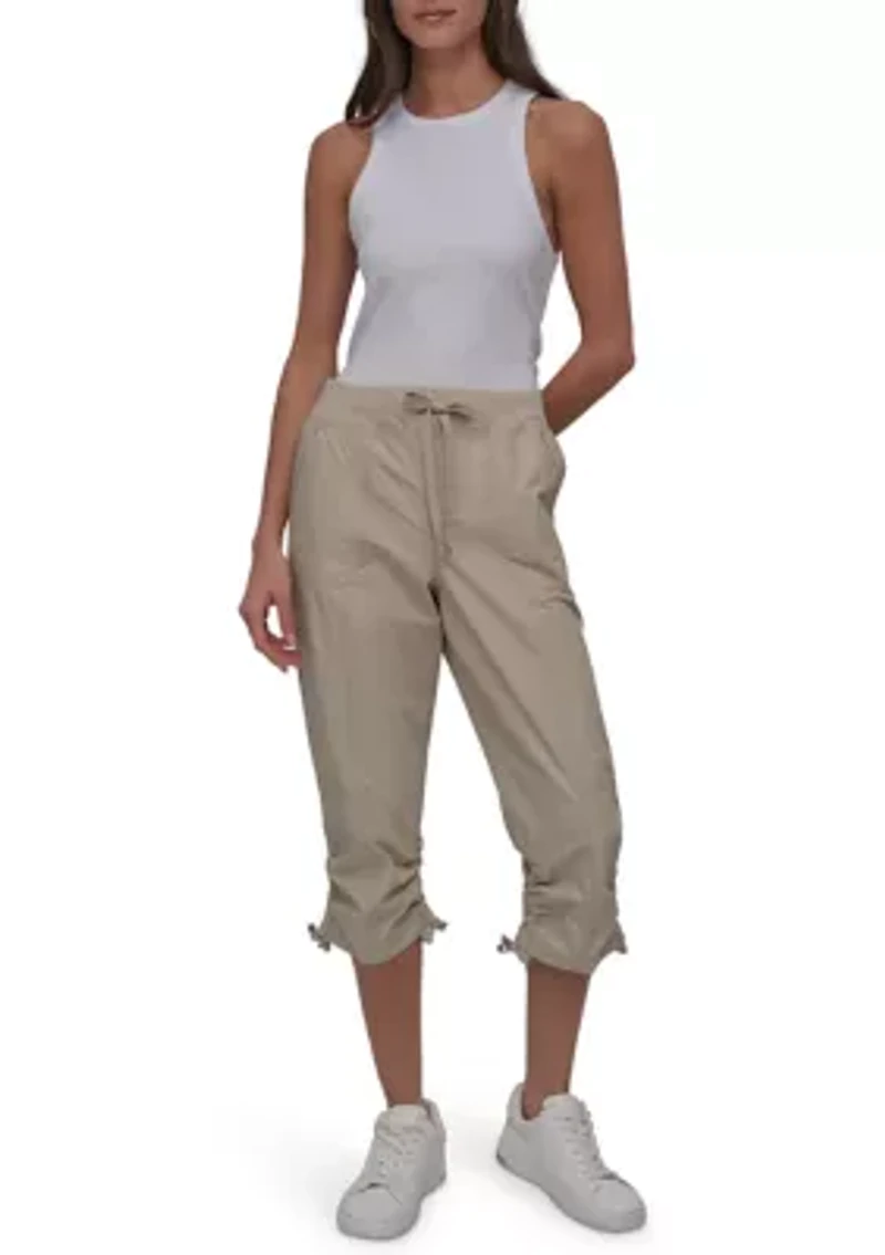 High Rise Shirred Detail Capri Length Convertible Cargo Pants