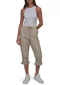 High Rise Shirred Detail Capri Length Convertible Cargo Pants