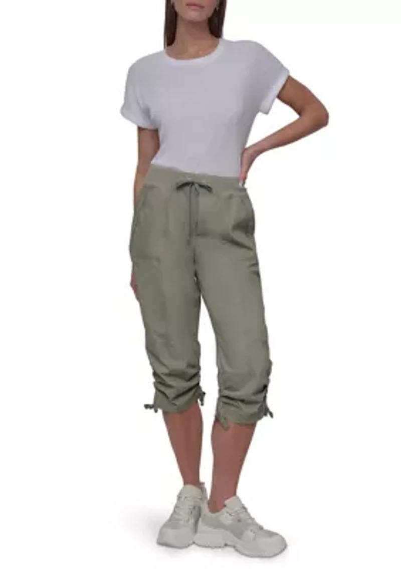 High Rise Shirred Detail Capri Length Convertible Cargo Pants