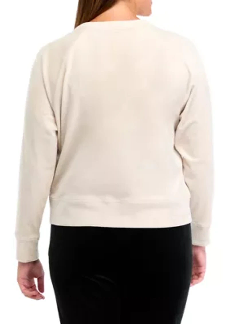 Platinum Velour Raglan Crew Neck Pullover With Metallic Logo Patch