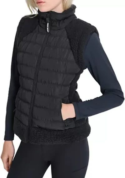 Horizontal Channel Quilted Mock Neck Puffer Vest with Sherpa