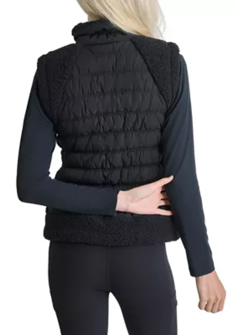 Horizontal Channel Quilted Mock Neck Puffer Vest with Sherpa