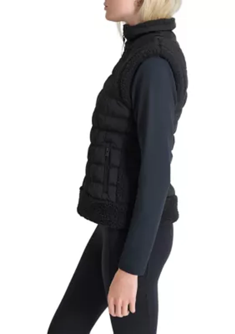 Horizontal Channel Quilted Mock Neck Puffer Vest with Sherpa