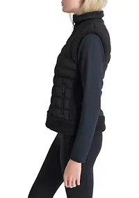 Horizontal Channel Quilted Mock Neck Puffer Vest with Sherpa