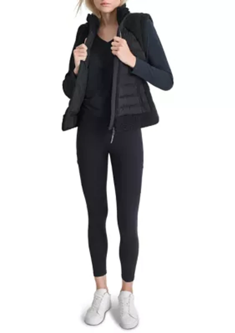 Horizontal Channel Quilted Mock Neck Puffer Vest with Sherpa