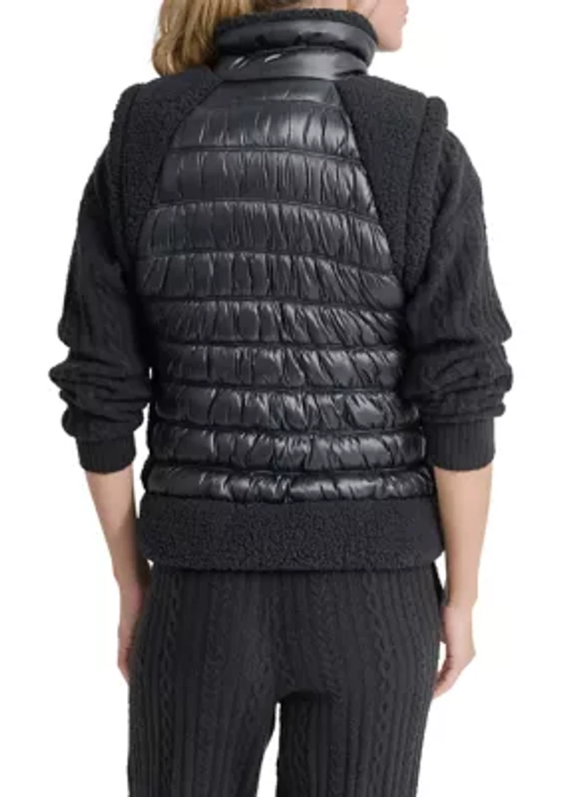 Women's Horizontal Channel Quilted Mock Neck Puffer Vest with Sherpa