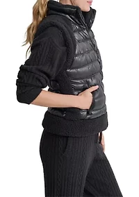 Women's Horizontal Channel Quilted Mock Neck Puffer Vest with Sherpa