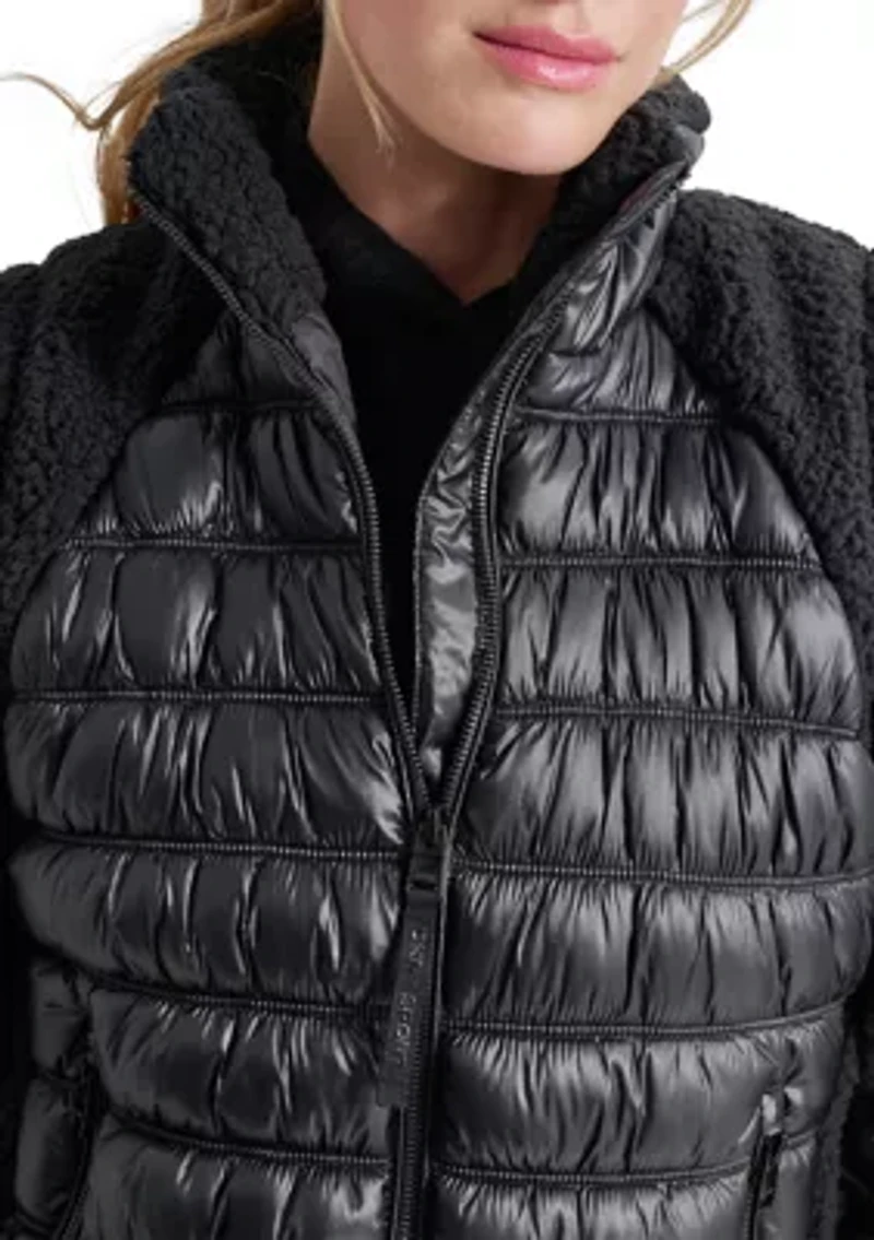 Women's Horizontal Channel Quilted Mock Neck Puffer Vest with Sherpa