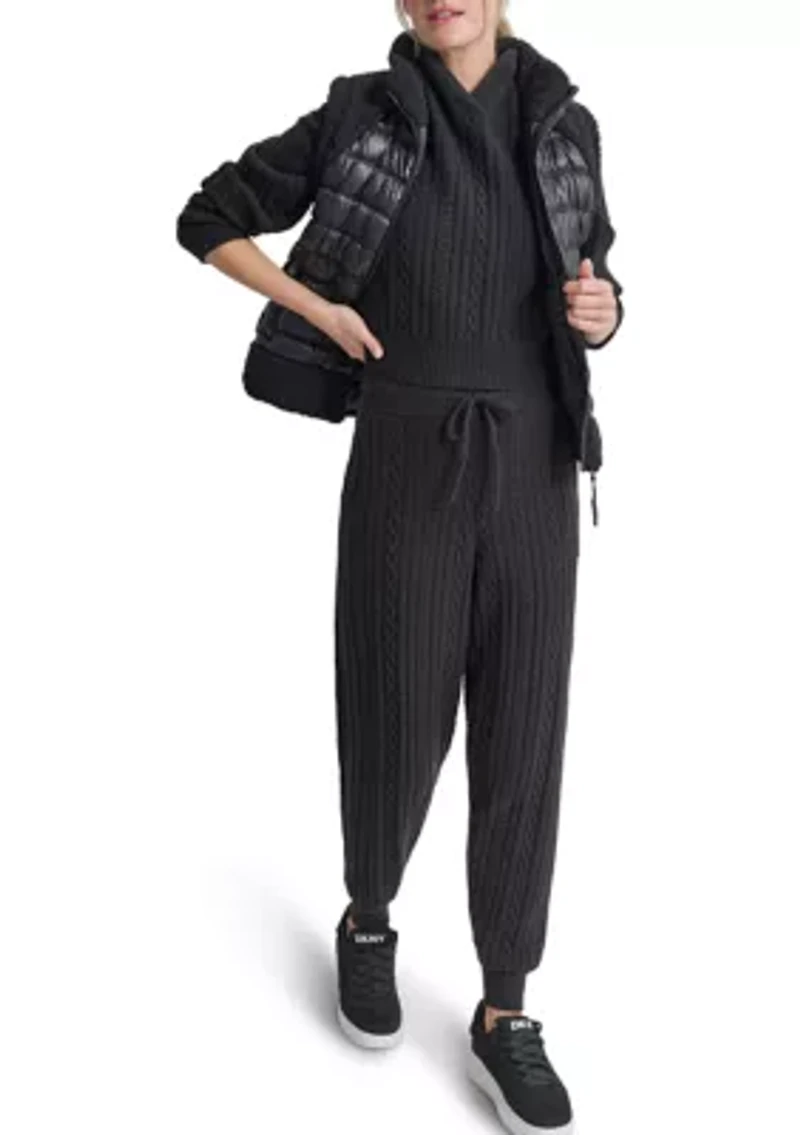 Women's Horizontal Channel Quilted Mock Neck Puffer Vest with Sherpa