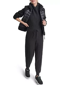 Women's Horizontal Channel Quilted Mock Neck Puffer Vest with Sherpa