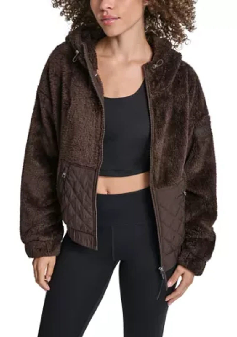 Women's Hooded Sherpa Jacket With Diamond Quilted Combo Piecing