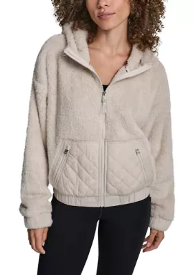Women's Hooded Sherpa Jacket With Diamond Quilted Combo Piecing