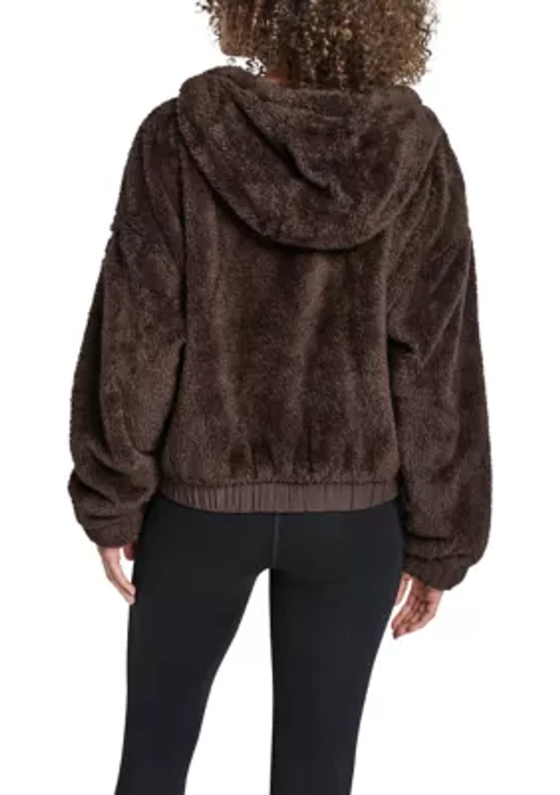 Women's Hooded Sherpa Jacket With Diamond Quilted Combo Piecing