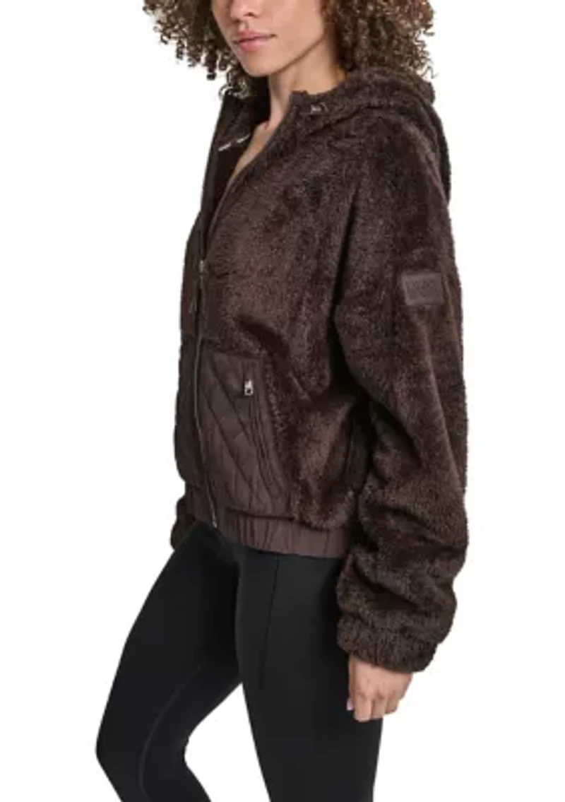 Women's Hooded Sherpa Jacket With Diamond Quilted Combo Piecing