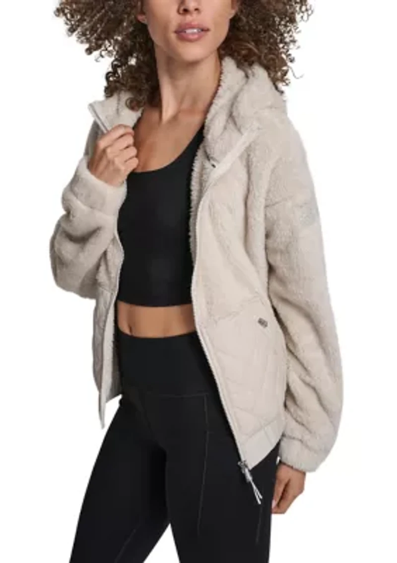 Women's Hooded Sherpa Jacket With Diamond Quilted Combo Piecing