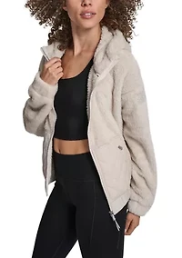 Women's Hooded Sherpa Jacket With Diamond Quilted Combo Piecing