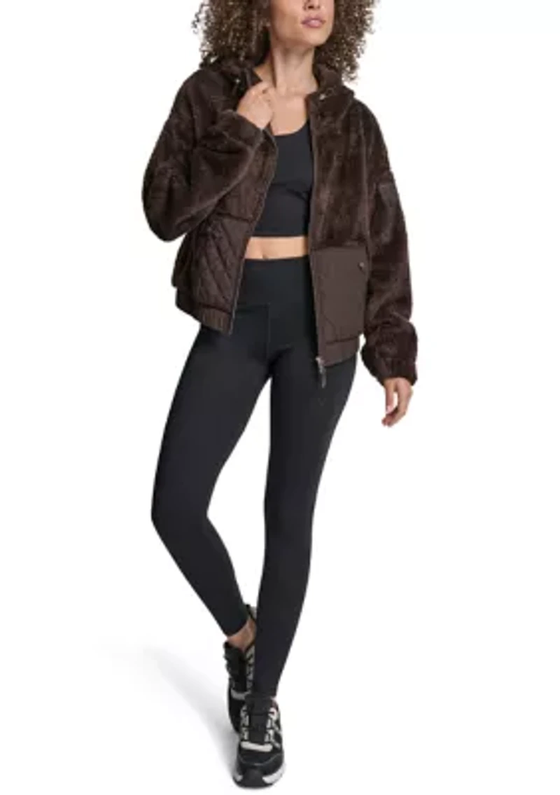 Women's Hooded Sherpa Jacket With Diamond Quilted Combo Piecing