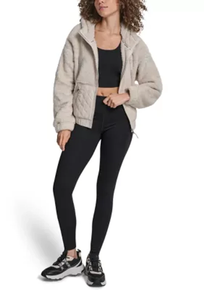 Women's Hooded Sherpa Jacket With Diamond Quilted Combo Piecing