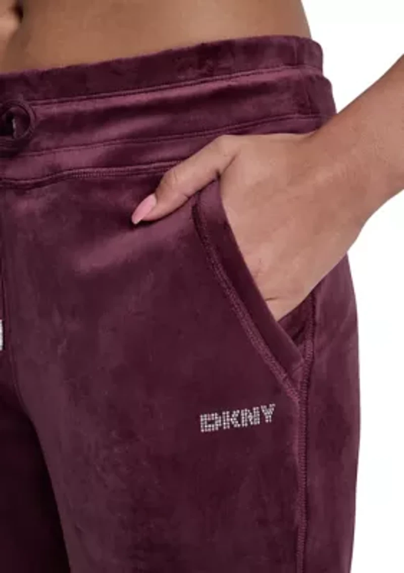 Women's Velour Mid Rise Track Pants with Mini Rhinestone Logo