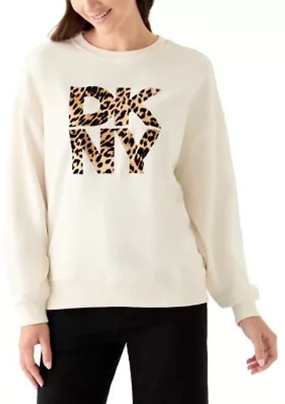 Stacked Animal Print Flocking Logo Crew Neck Pullover