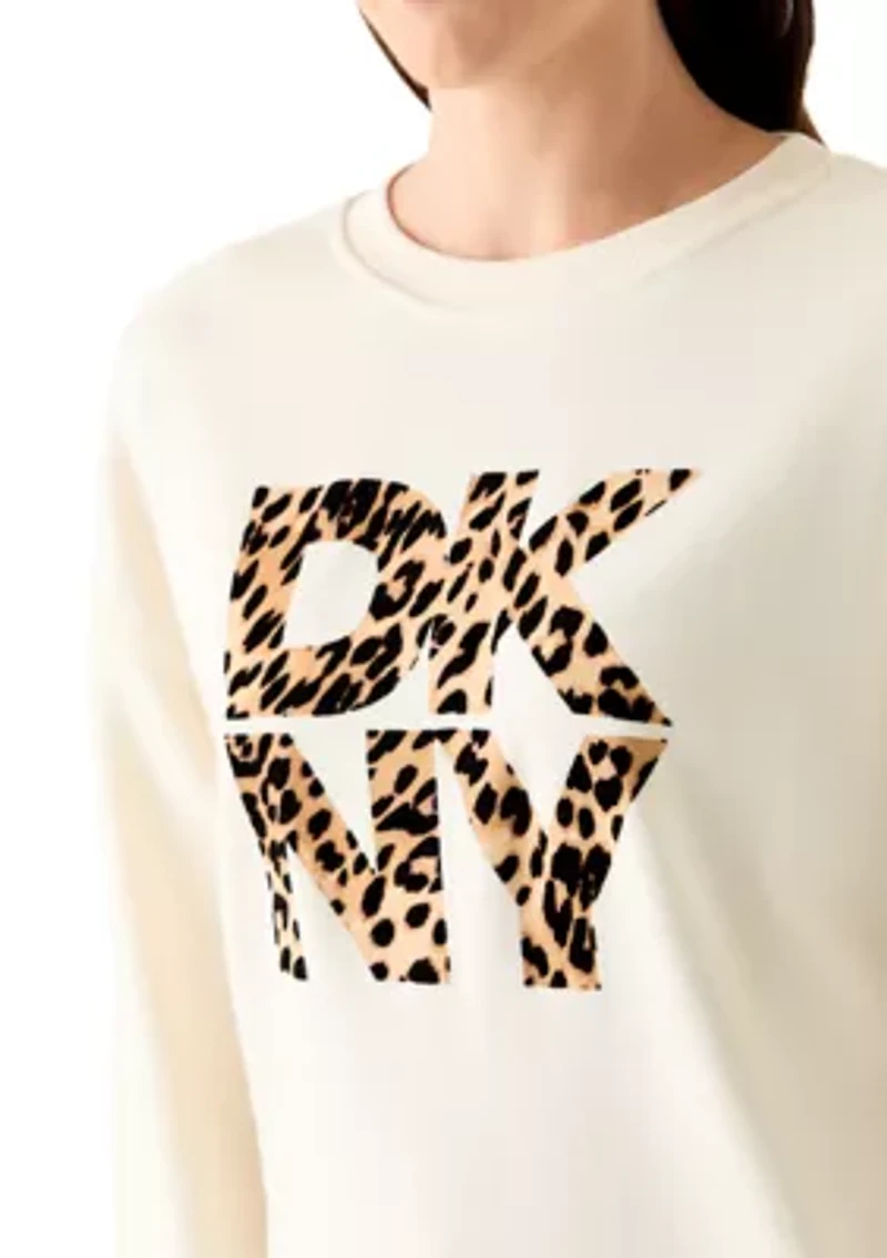 Stacked Animal Print Flocking Logo Crew Neck Pullover