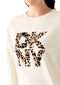 Stacked Animal Print Flocking Logo Crew Neck Pullover