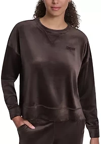 Women's Velour High Low Crew Neck V-Inset Pullover with Tonal Embroidery Logo