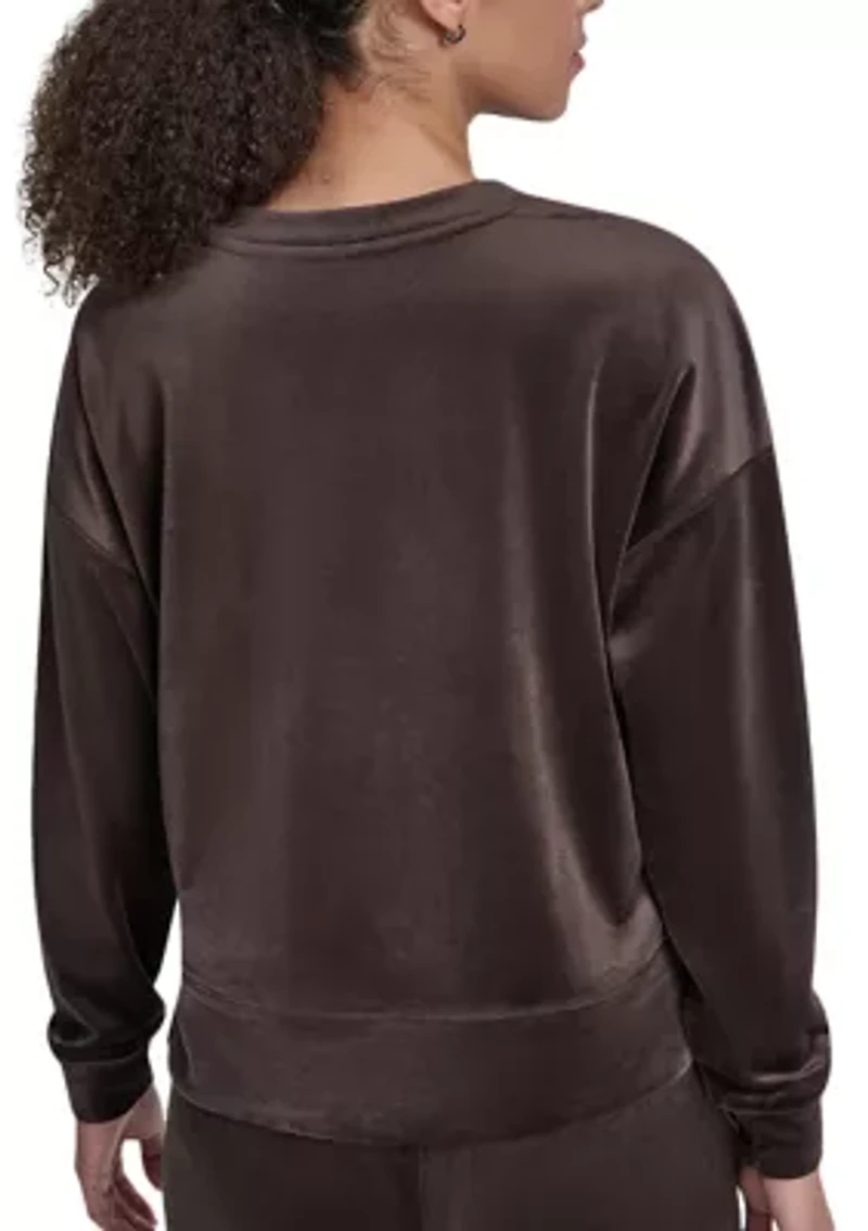 Women's Velour High Low Crew Neck V-Inset Pullover with Tonal Embroidery Logo