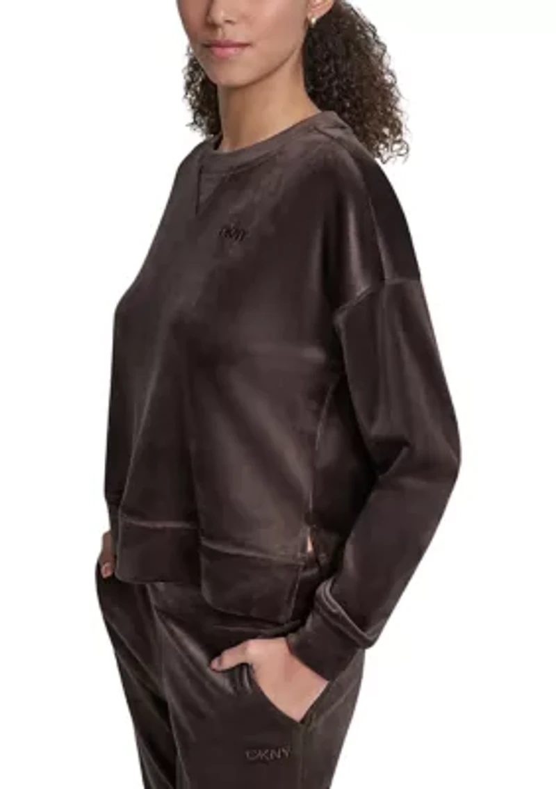 Women's Velour High Low Crew Neck V-Inset Pullover with Tonal Embroidery Logo