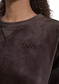 Women's Velour High Low Crew Neck V-Inset Pullover with Tonal Embroidery Logo