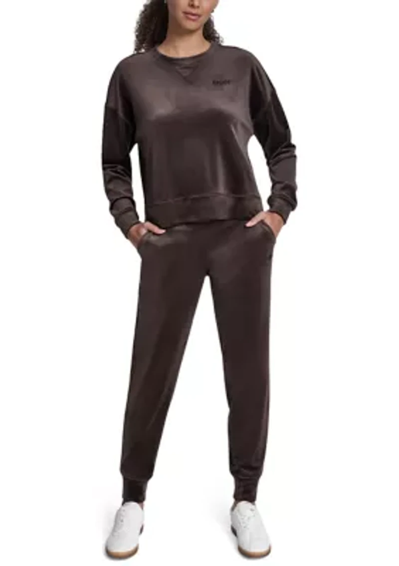 Women's Velour High Low Crew Neck V-Inset Pullover with Tonal Embroidery Logo