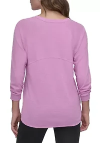 Mini Slub Waffle 3/4 Sleeve T-Shirt with V-Inset