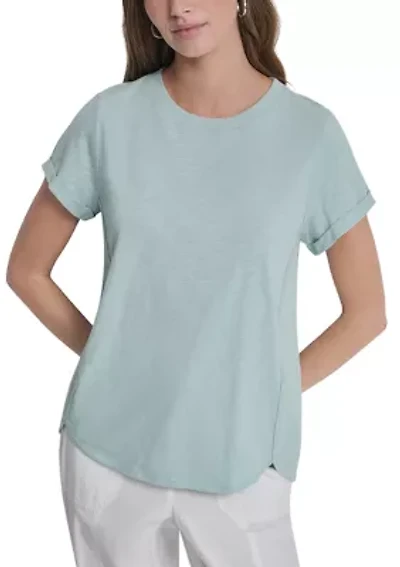Women's Slub Jersey Roll Sleeve Shirt with V-Inset