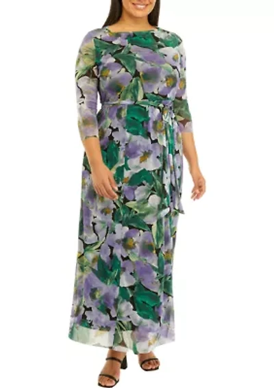 Plus Printed Mesh 3/4 Sleeve Maxi Dress
