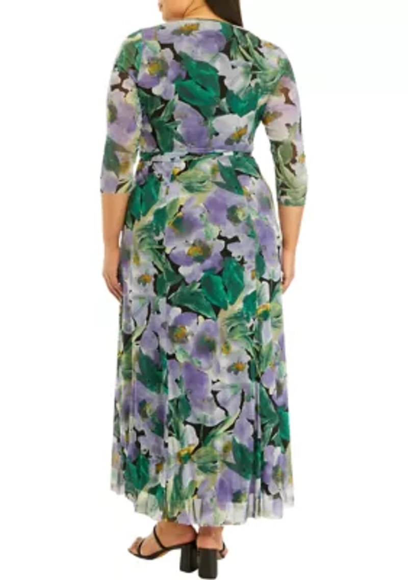 Plus Printed Mesh 3/4 Sleeve Maxi Dress