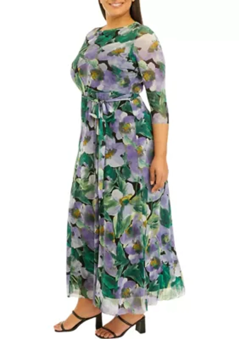 Plus Printed Mesh 3/4 Sleeve Maxi Dress
