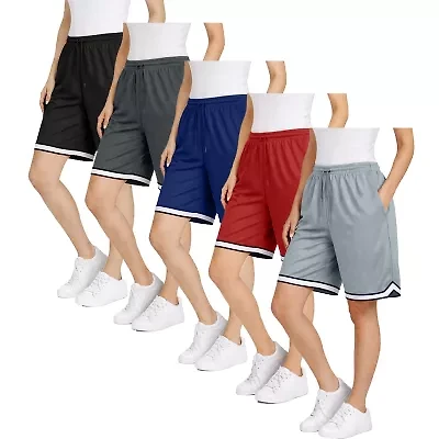 Jump Start Women's Loose Fit Premium Active Moisture Wicking Workout Mesh Shorts With Trim-5 Pack