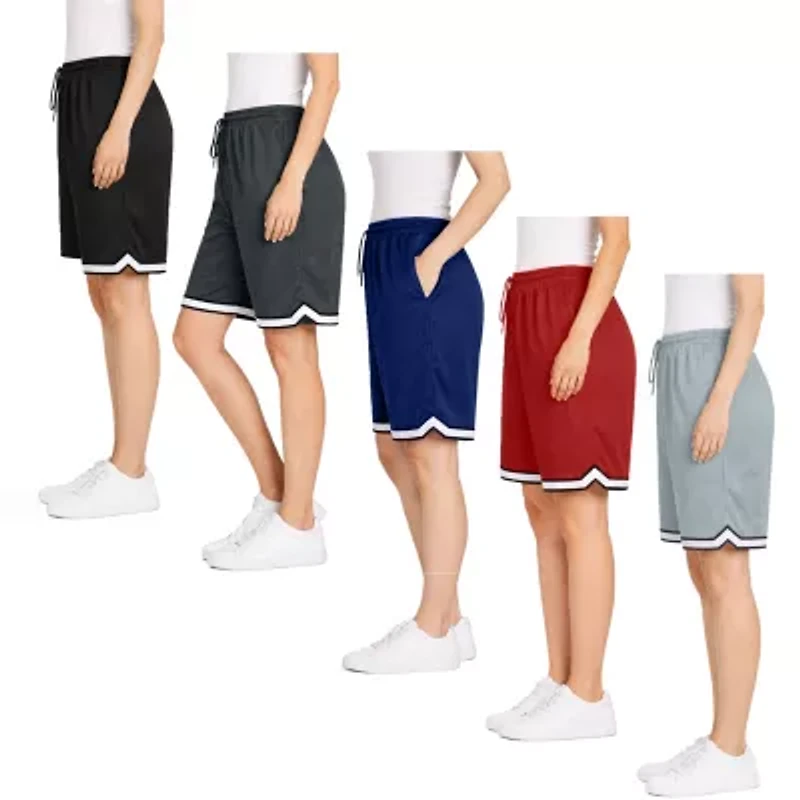 Jump Start Women's Loose Fit Premium Active Moisture Wicking Workout Mesh Shorts With Trim-5 Pack