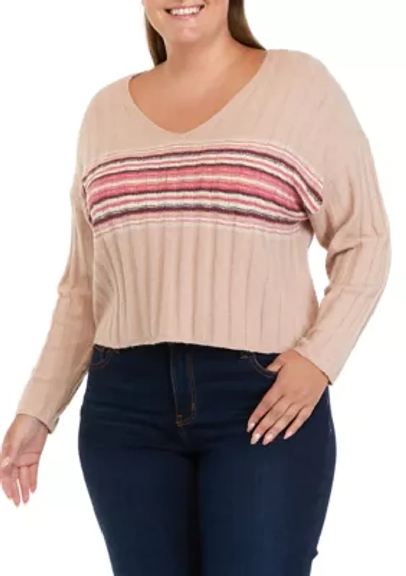 Plus Long Sleeve Ribbed V-Neck Sweater with Stripes