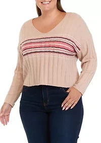 Plus Long Sleeve Ribbed V-Neck Sweater with Stripes