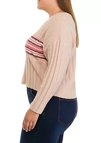 Plus Long Sleeve Ribbed V-Neck Sweater with Stripes