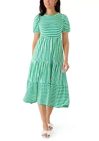 Women's Puff Sleeve Striped Midi Dress